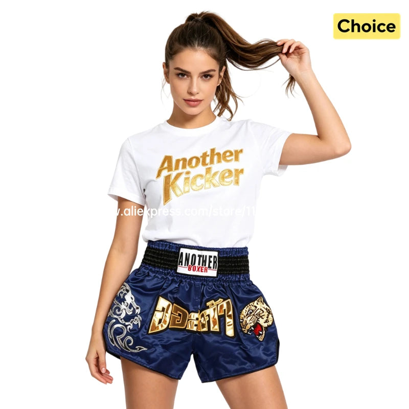 Tiger Muay Thai Shorts Embroidery Boxing Shorts Satin Kickboxing Fight Wear Men Women Kids MMA Training Competition Pants Blue
