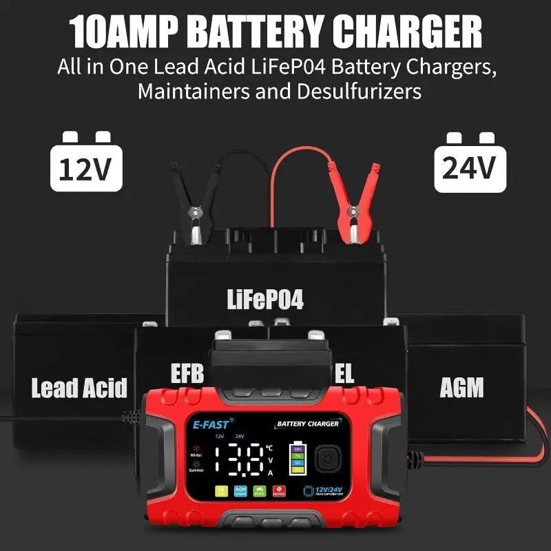 12V/24V 10A Car Battery Charger Smart Maintainer for Truck Boat AGM Lifepo4 Moto