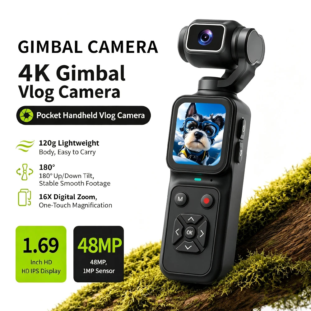 4K Pocket Vlogging Camera, 180° Flip Lens & 48MP Photo,