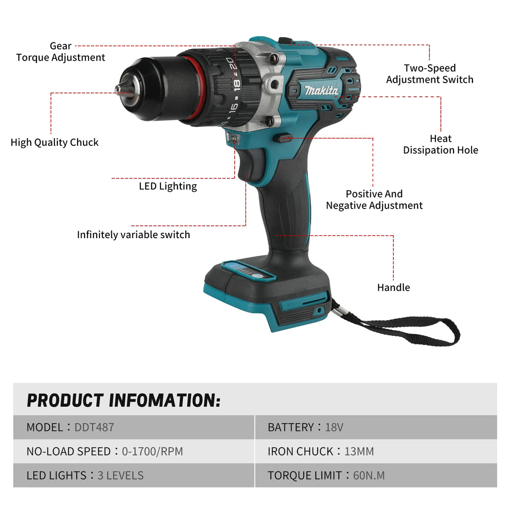 NEW 2026 Makita DDF487 Cordless 18V Brushless Drill 13mm Chuck 1700rpm 40Nm Small Body Powerful Screwdriver Power Tool