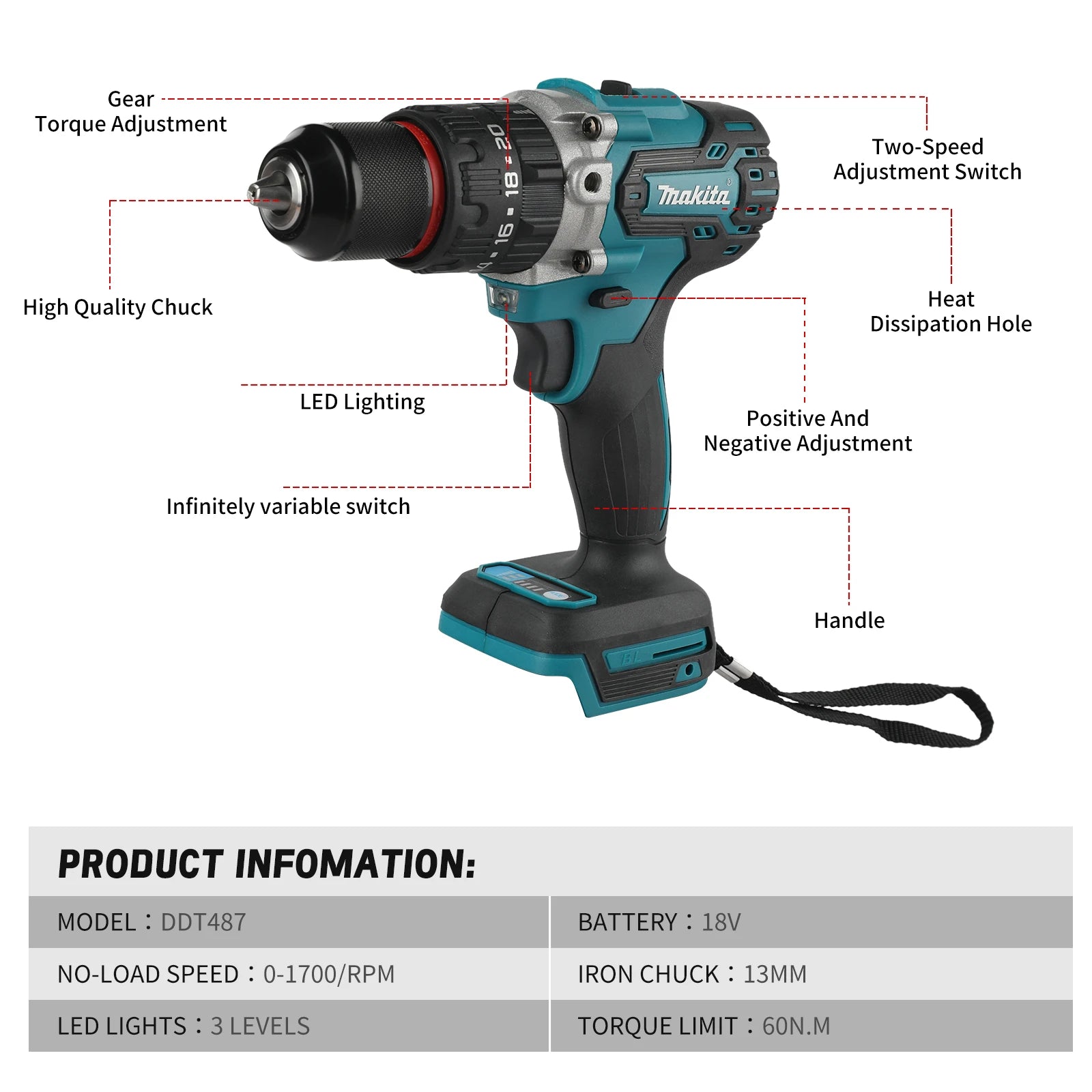 NEW 2026 Makita DDF487 Cordless 18V Brushless Drill 13mm Chuck 1700rpm 40Nm Small Body Powerful Screwdriver Power Tool