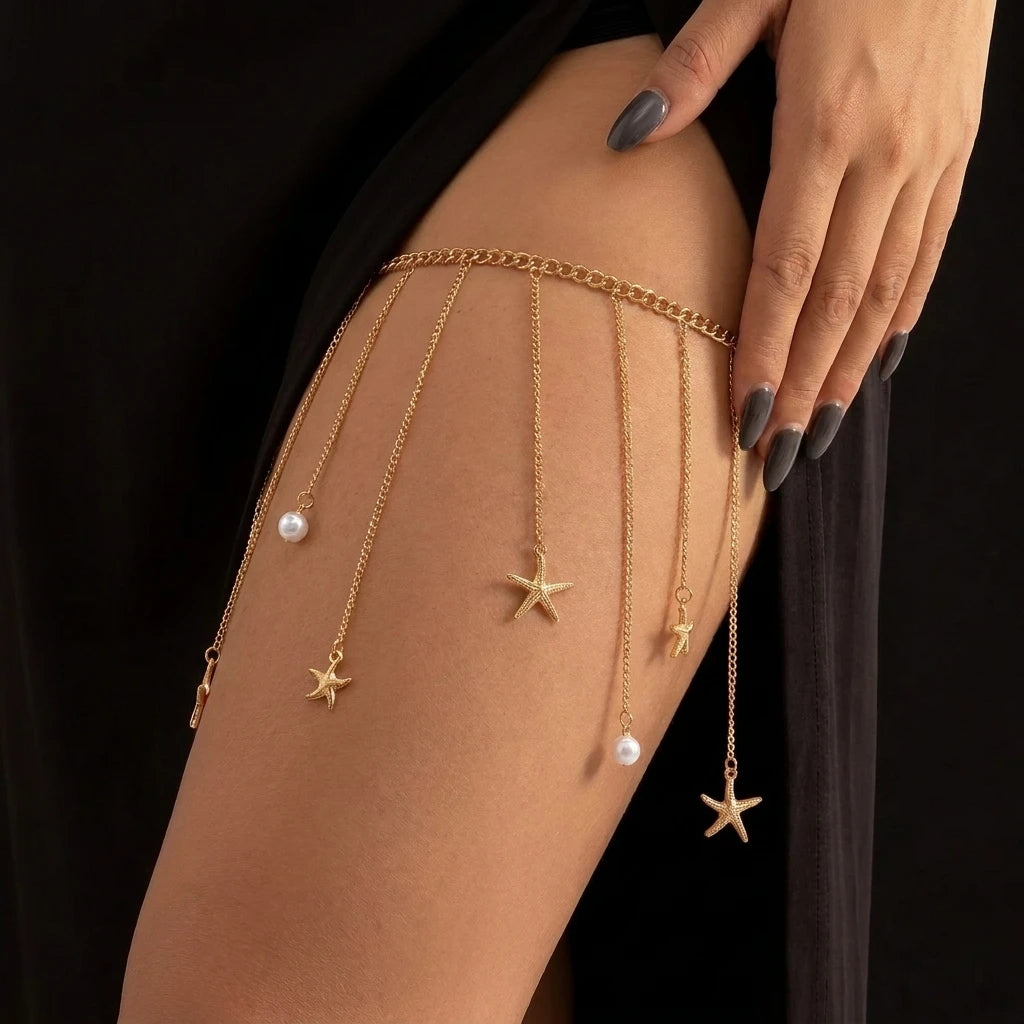 Sexy Multilayer Rhinestone Thigh Chain For Women Bling Zircon Long Tassel Starfish Pearl Leg Harness Summer Beach Body Jewelry