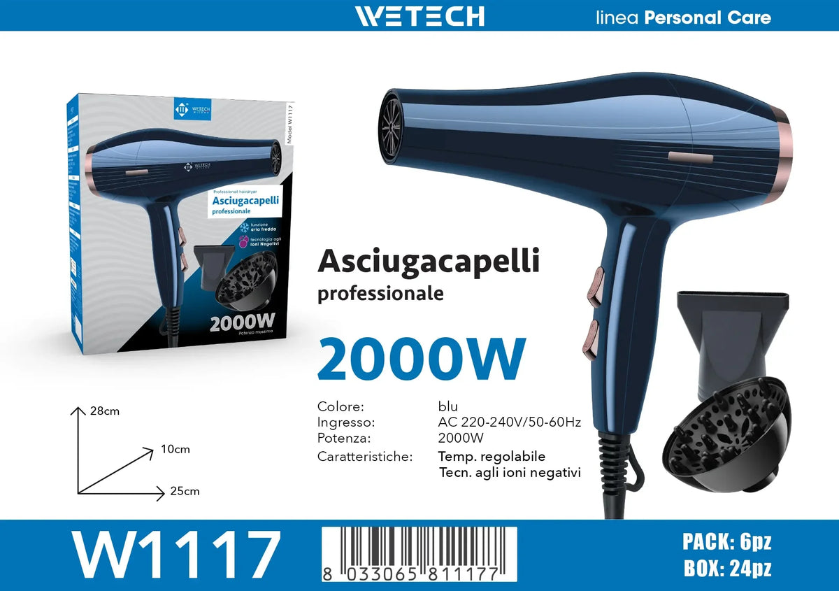 WETECH 2000W Professional Hair Dryer Negative Ion Blow Dryer Cool Shot Function With Concentrator Nozzle Diffuser