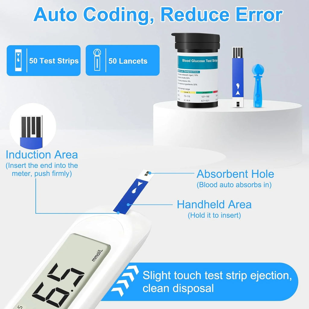 Blood Glucose Meter 50pcs Diabetes Testing Kit No Coding Glucometer Glucose Meter for Home Use Complete Glucose Meter Kit