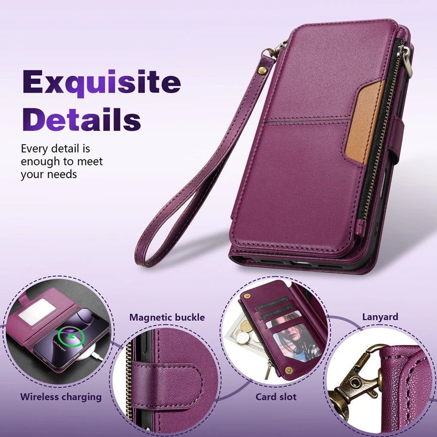 Wallet Multi-card Slot Zipper Kickstand Magnetic Flip Leather Case For iPhone 17 Pro Max 17e Air 16e 15 Plus 14 13 12 11 XR 8 7