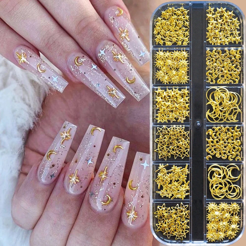12Grids Silver Star Moon Glitter Nail Charms Mixed Metallic Tips Slice Rivet 3D FlatBack Gold Silver Star DIY Alloy Nail Studs_-