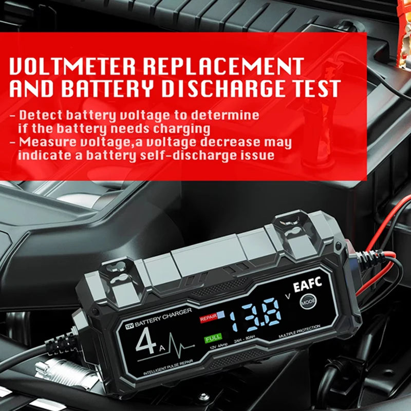 EAFC 12V 4A Car MotorcycleBattery Charger LCD Display  Intelligent Chargers Multiple protection Pulse Repair AGM BatteryCharger
