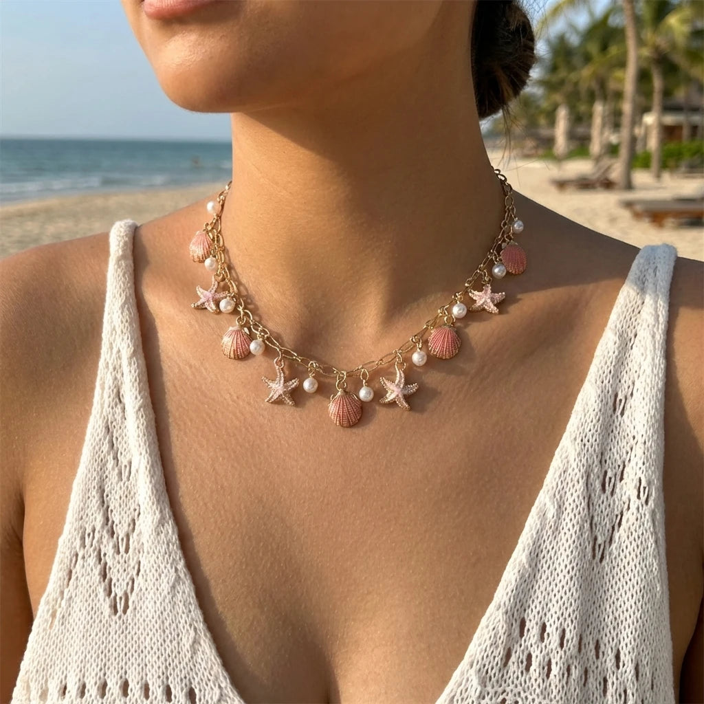Boho Starfish Scallop Conch Pendant Necklace for Women Elegant Shell Pearl Tassel Metal Chain Choker Summer Beach Party Jewelry