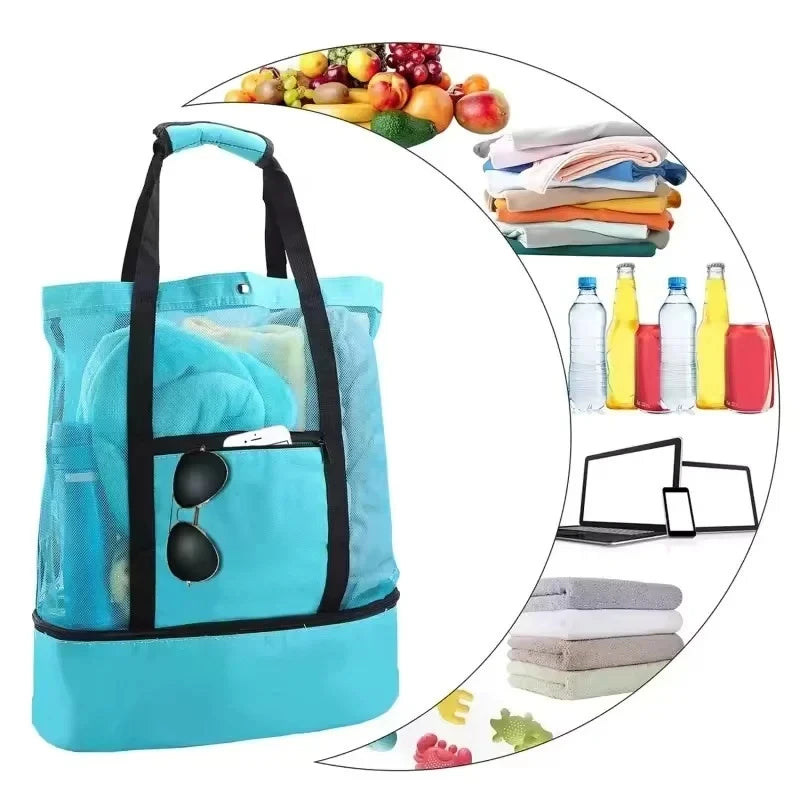 LUSQI Insulated Beach Bag For Women Large Waterproof Tote With Mesh & Transparent Double-Layer For Swimming Picnic Shopping