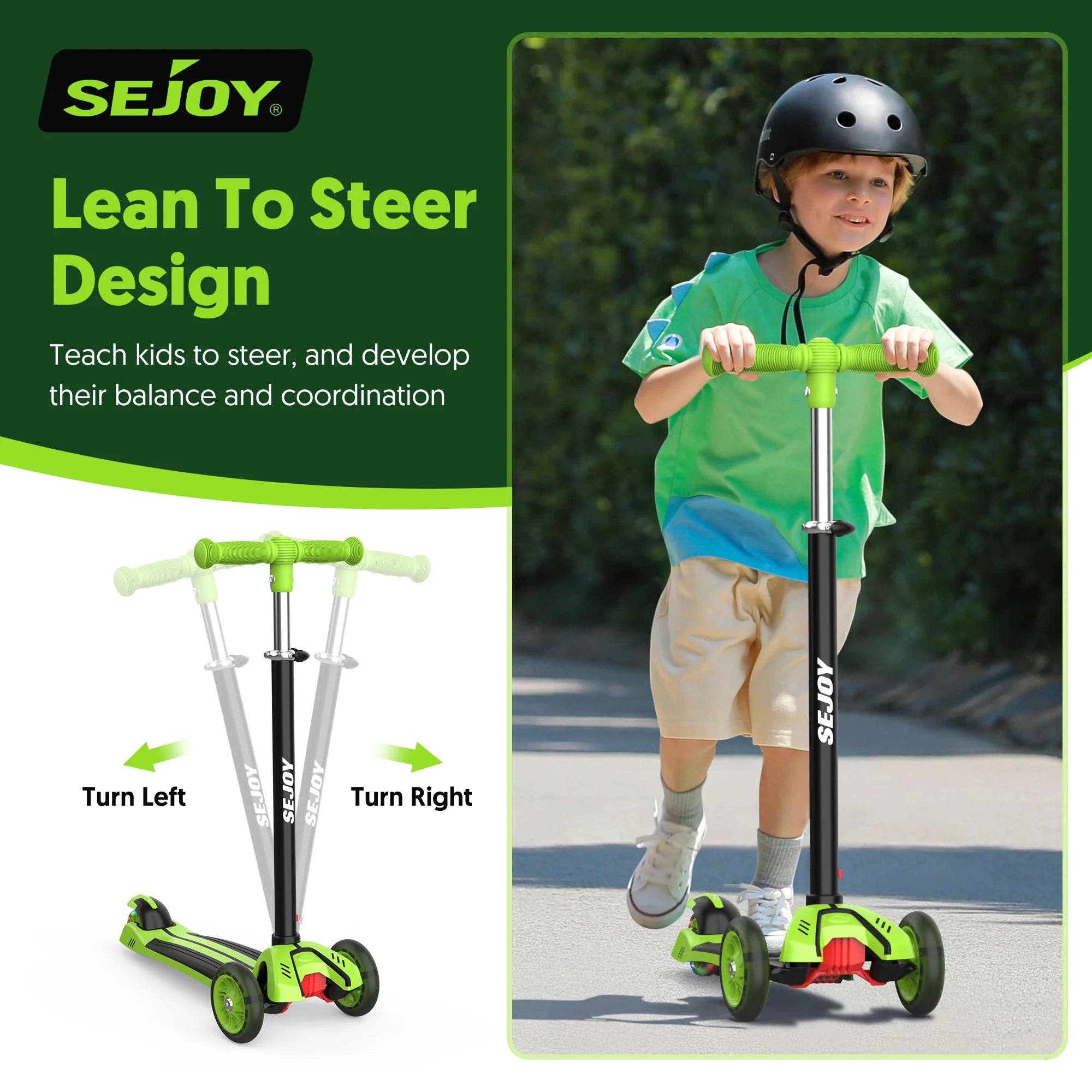 SEJOY Kids Folding Electric Scooter Children Scooter with Adjustable Height 3 Wheel Scooter with Flash Wheels for 3-12 Years