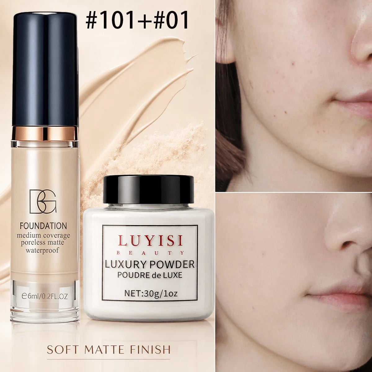 Facial Makeup Set:1pc Matte Loose Powder+1pc Waterproof Fundation