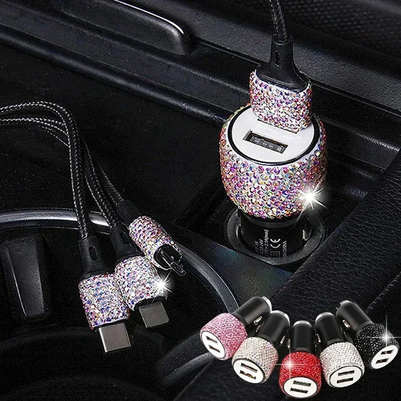 USB Car Charger Pink Crystal Diamond 5V 2.1A Dual Port Fast Charging Adapter 3 in 1 Cable for IPhone Samsung Huawei