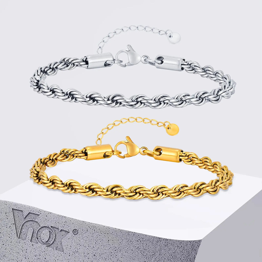 Vnox 2/3/4/5mm Unisex Rope Chain Bracelets for Men Women, Stainless Steel Adjustable Twisted Links Chain Bracelet Wristband New