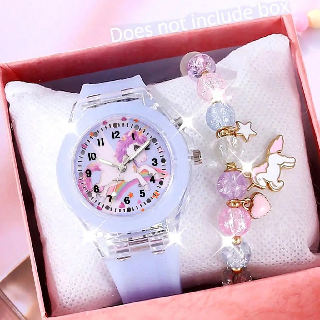 Fashionable Silicone Glow Watch And Beaded Bracelet Set with Unicorn Design for Daily And Birthday Gifts (No Box Included)