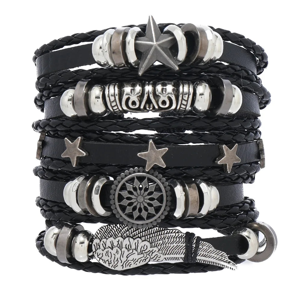 Fashion Bracelet Viking  Bracelet For Men Hand Bracelets Woven Skull Hand Jewelry Adjustable Leather Set viking man bracelet