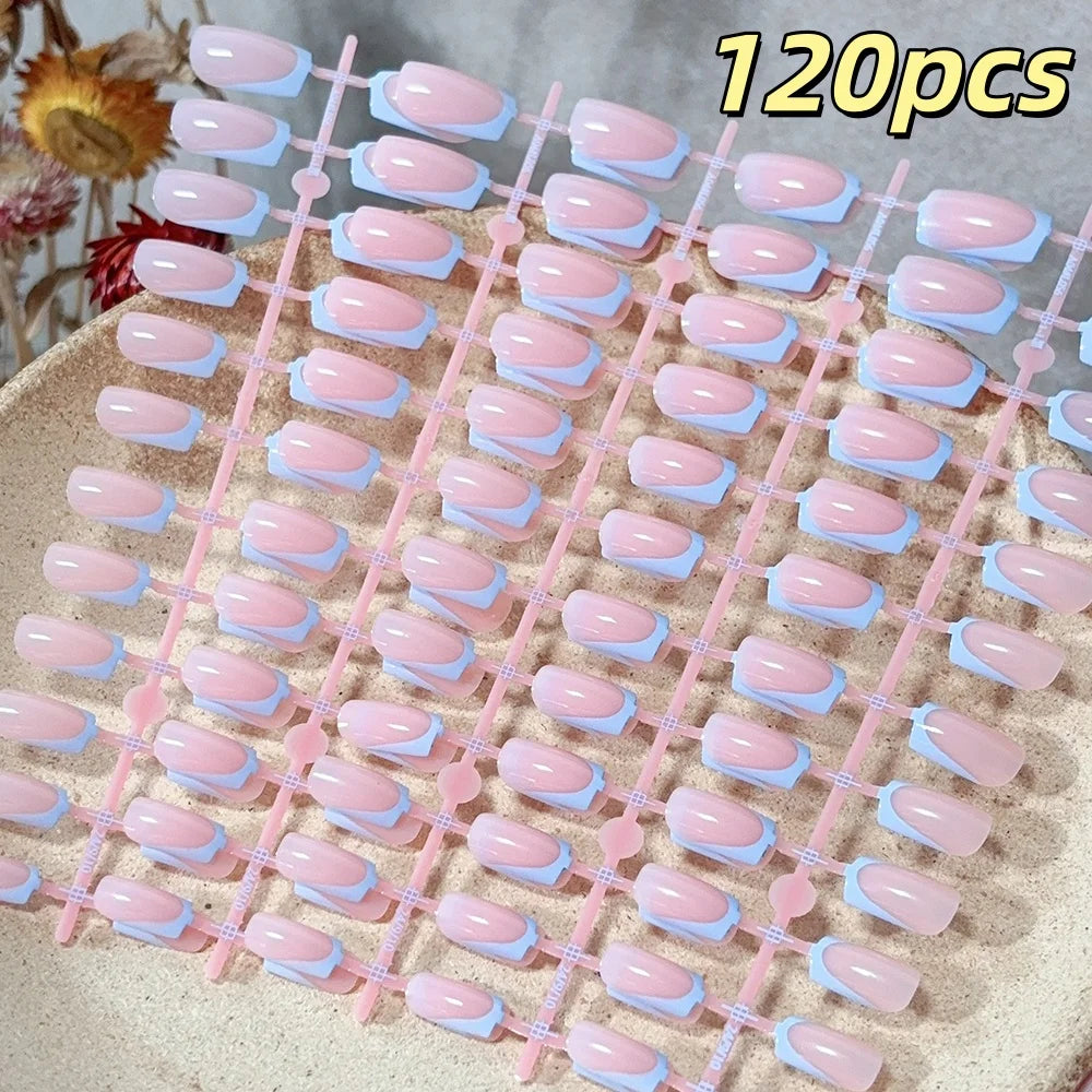 120pcs French Glossy Color Block Acrylic False Nails Spring & Summer Nude Tones Press-On Nails Full Cover Square Shape Nail Tips