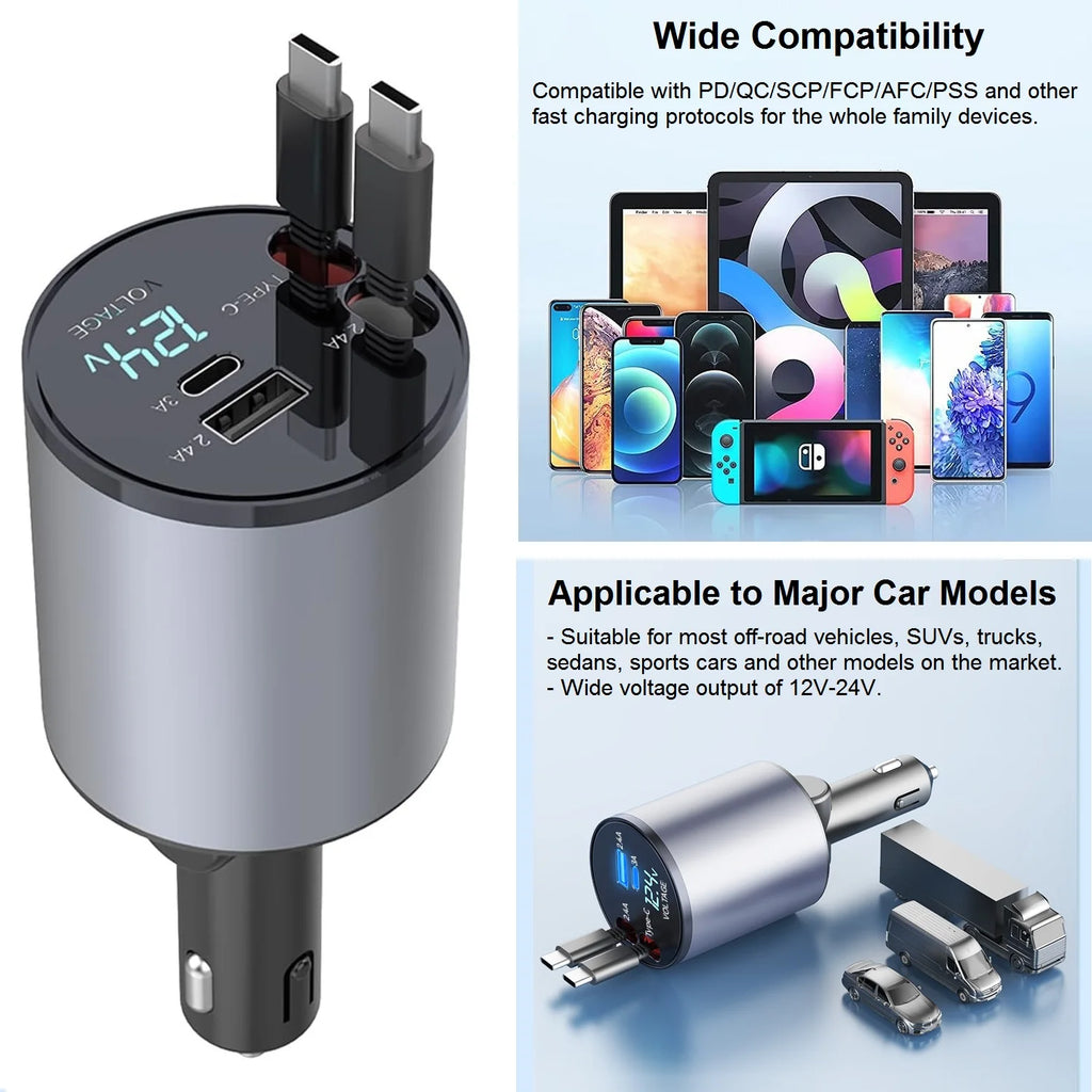 4 in 1 Retractable Car Charger USB C, 120W Fast Charging Car - for iPhone Samsung Huawei