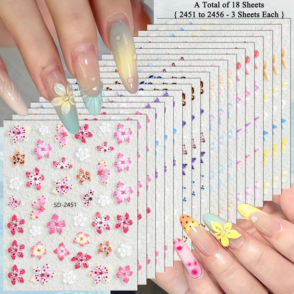 3 to 120 Sheets Tropical Flower Nail Stickers Hibiscus Butterfly Starfish