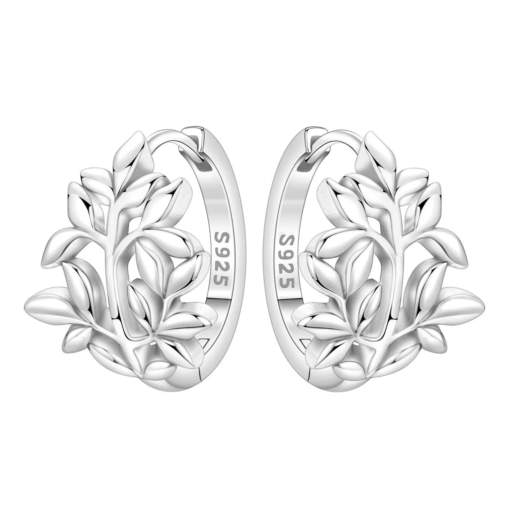 S925 Sterling Silver Leaf Hoop Earrings, Natural Plant Design