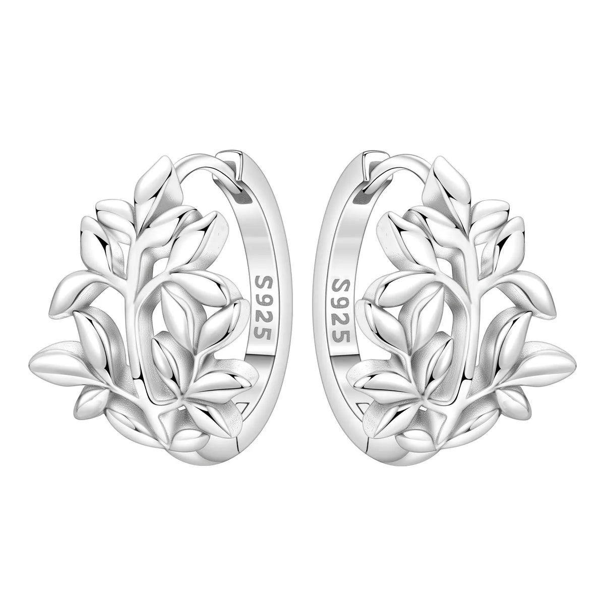 S925 Sterling Silver Leaf Hoop Earrings, Natural Plant Design