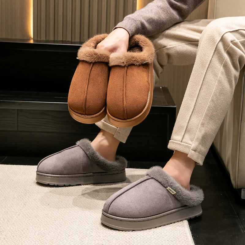 New Fluffy Men's Slippers Winter with Thick Sole
