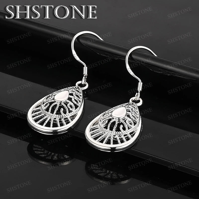 Hot 925 Sterling Silver Retro Square Pattern Hollow Water Drop Drop Earrings Women Christmas Party Fashion Trend Jewelry
