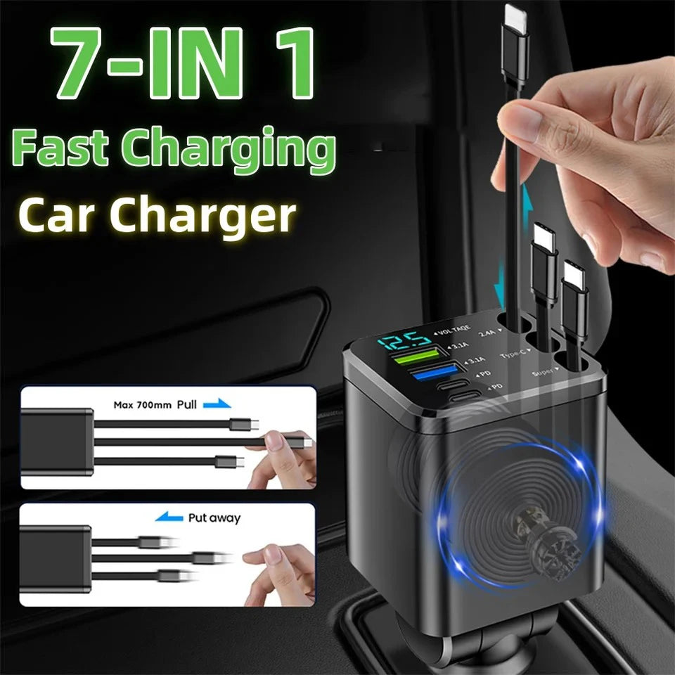 New 120W 7IN1 Retractable Fast Car Charger USB Type-C Power Adapter With Roof Starlight For iPhone Samsung Xiaomi Huawei