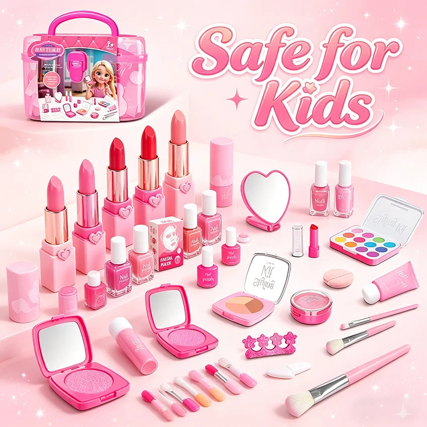 Girl’s pretend home make-up set: faux manicure, lip color, eye shadow, non-washable princess-themed cosmetics and toys.