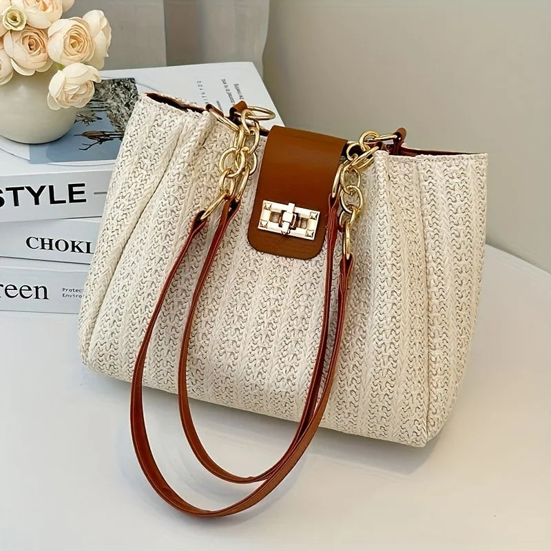 Grass Woven Patchwork Leather Korean Version Shoulder Bag Fashionable Women's Woven Handbag Suitable for Beach Parties Occasion