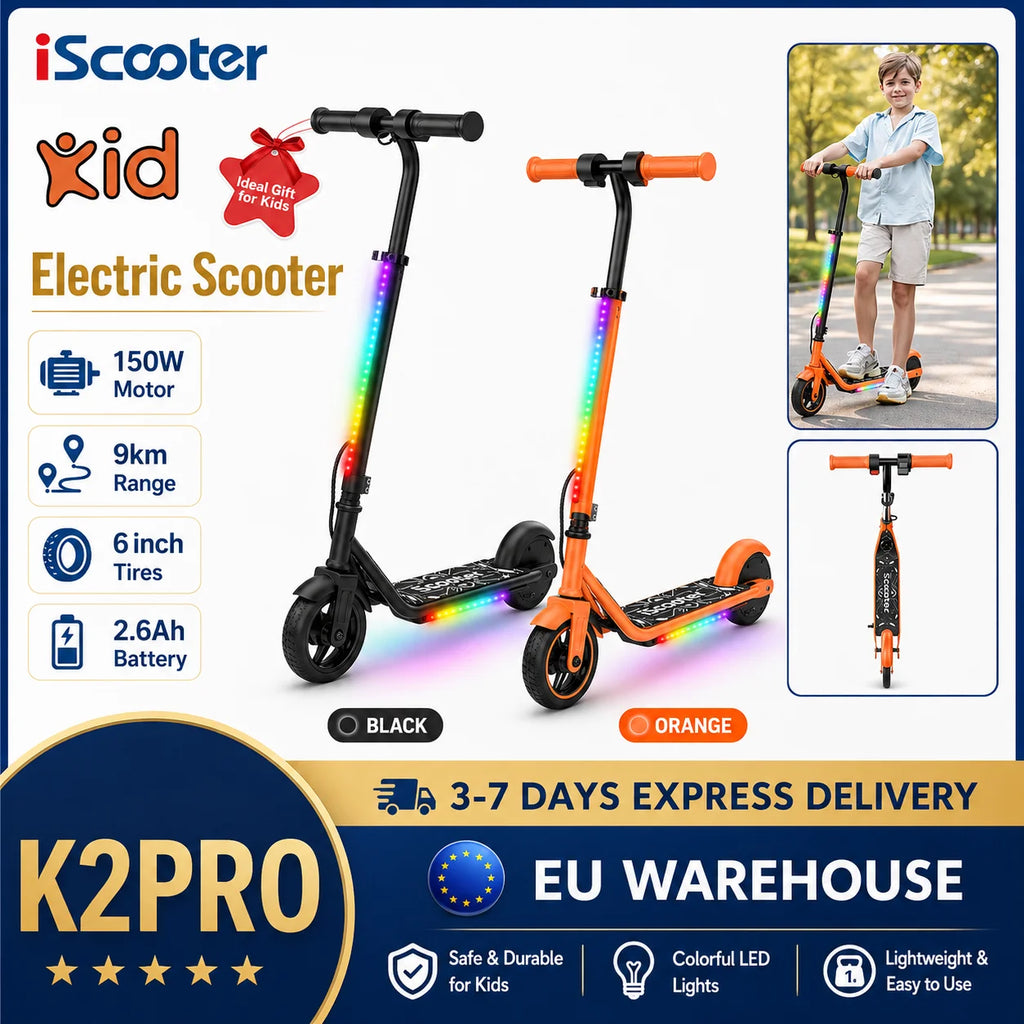 Kids Electric Scooter K2Pro 150W Motor 6 Inch Tires 18V Battery 16km H Top Speed 6-9km Range Orange Black 3 Speed Gears with LED