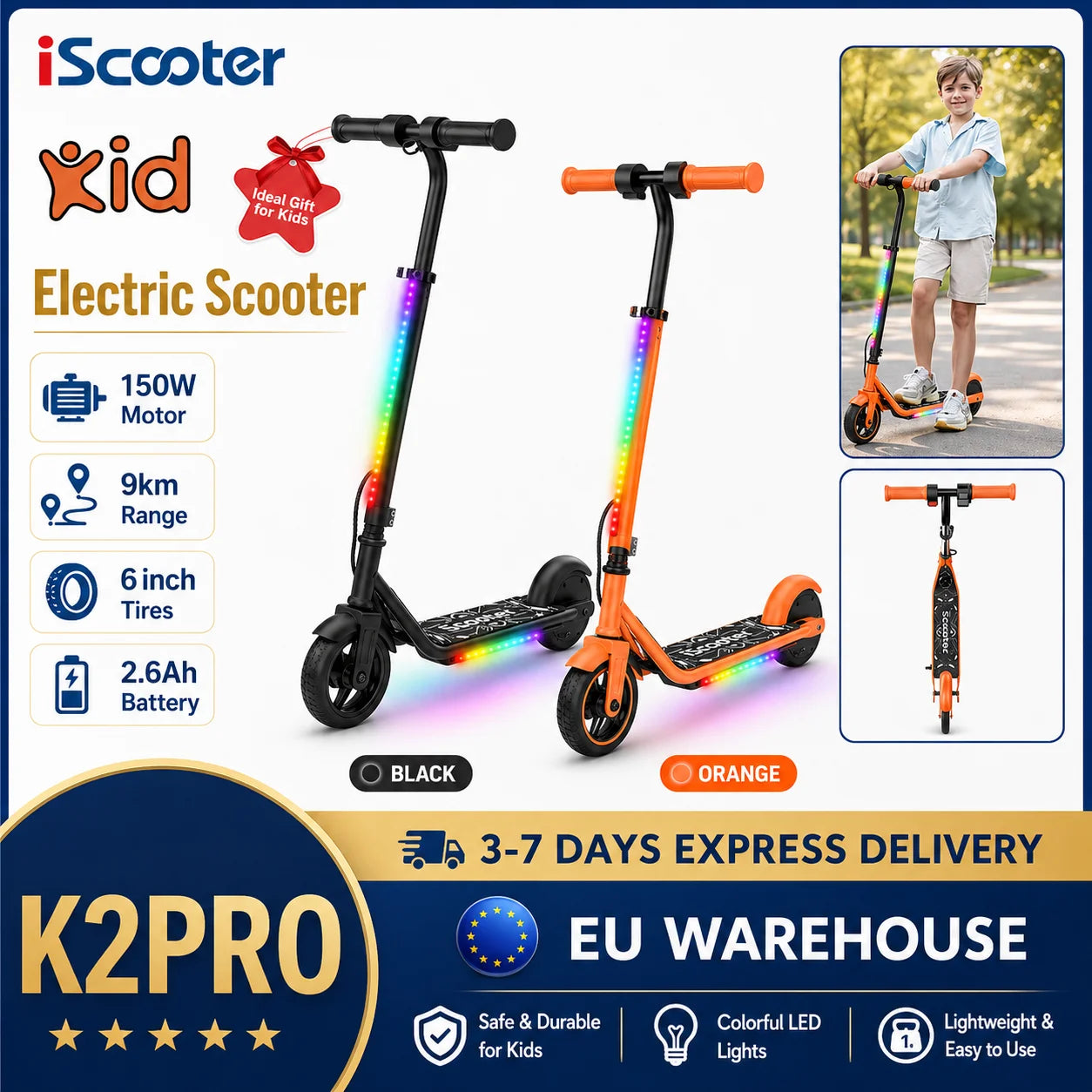 Kids Electric Scooter K2Pro 150W Motor 6 Inch Tires 18V Battery 16km H Top Speed 6-9km Range Orange Black 3 Speed Gears with LED