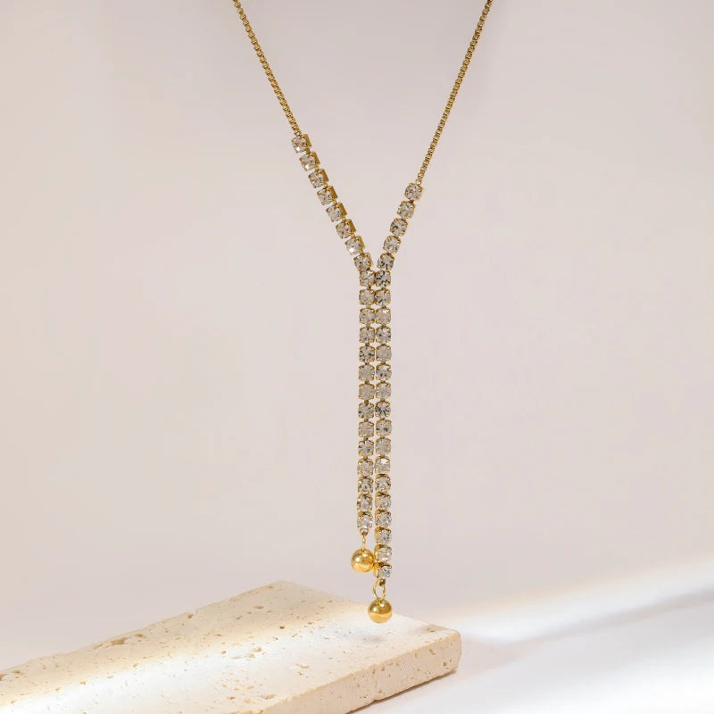 GANEMLY 316L Stainless Steel Sparkle Zircon Tassel Pendant Necklace For Women New Party Gift Stylish Dangle Neck Chain Jewelry