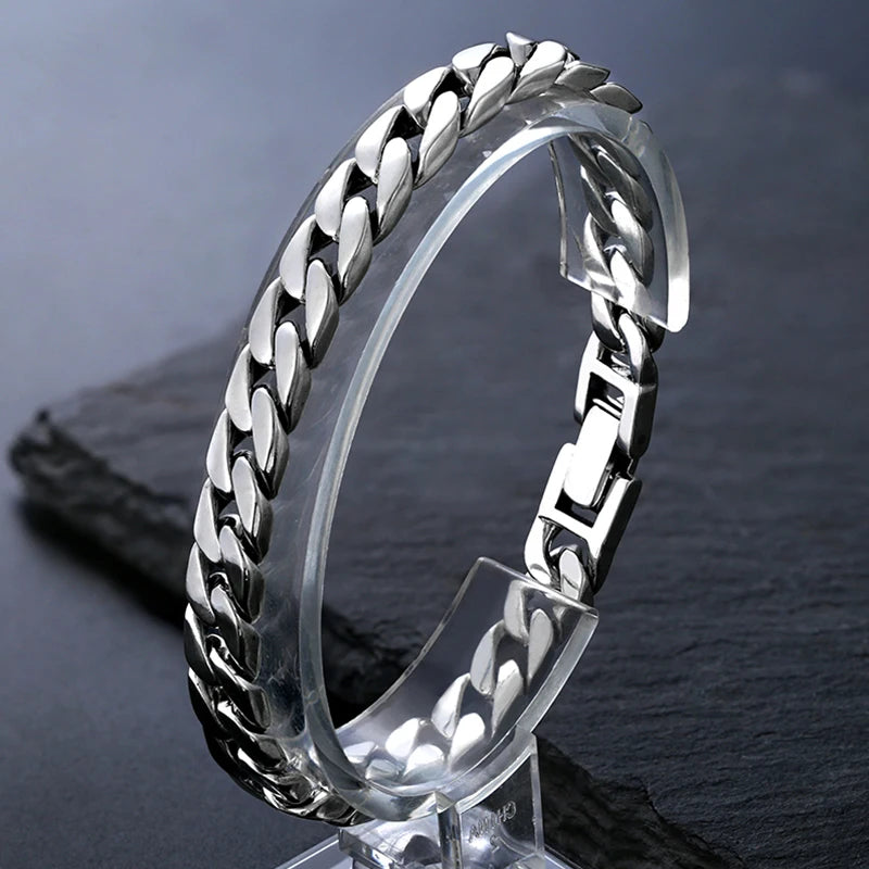 100% S925 Sterling Silver Handmade 7MM 8MM Retro Cuban Trend Rough Style