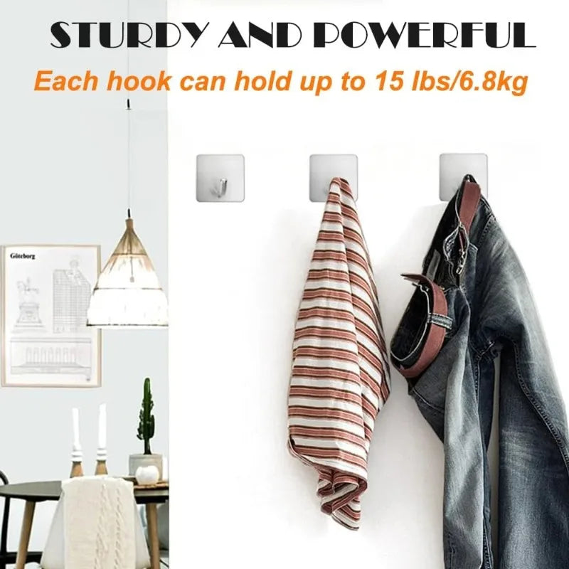 4Pcs No Drill Stainless Steel Self Adhesive Wall Hooks Heavy Duty Bathroom Kitchen Towel Storage Hanger