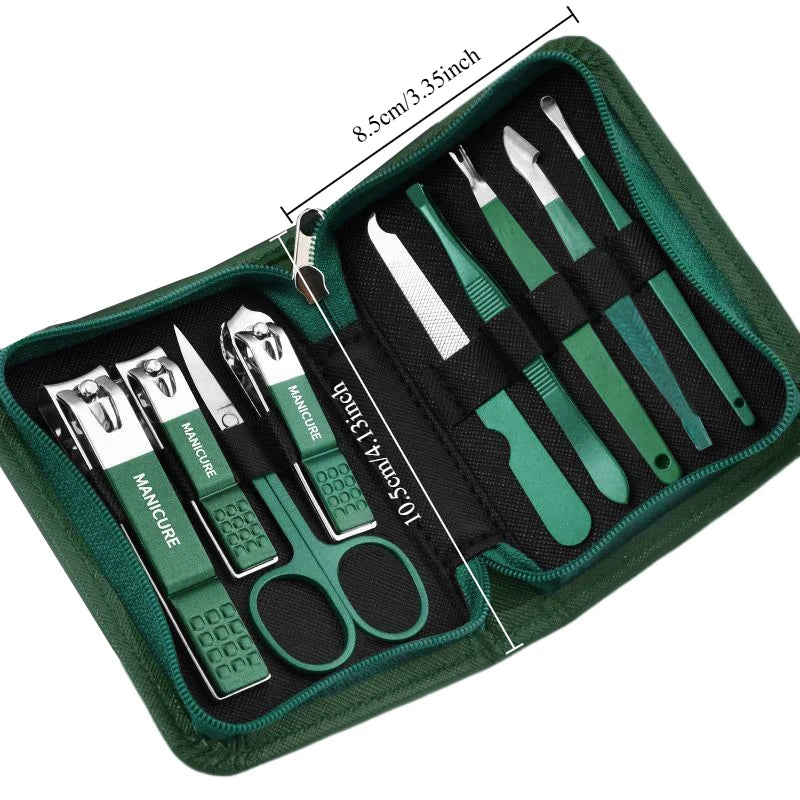 GreenStainlessSteel Nail Clippers Set-6-18 Nail Care Sets with Leather Storage Box-Professional Foot and Face Care Tool Set