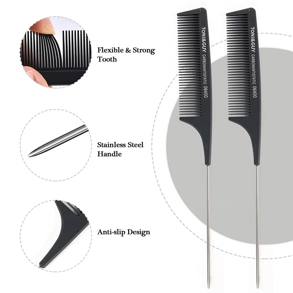 Fiber Heat Resistant Teasing Combs with Stainless Steel Pintail Hair Styling Tools