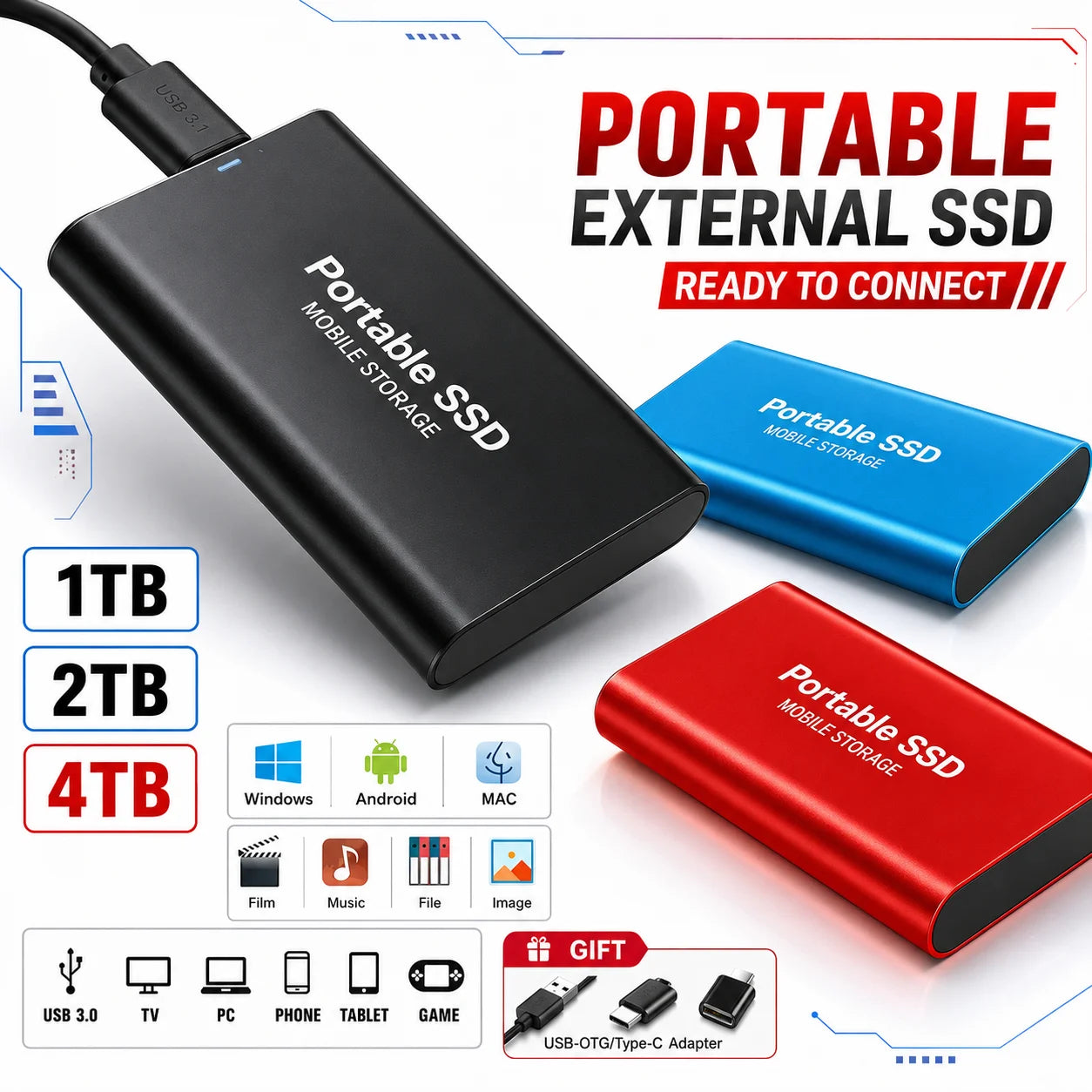 1TB Portable SSD External Hard Drive USB Type-C Mobile Storage Disk for Laptop Mac PC Phone Photo Video Backup