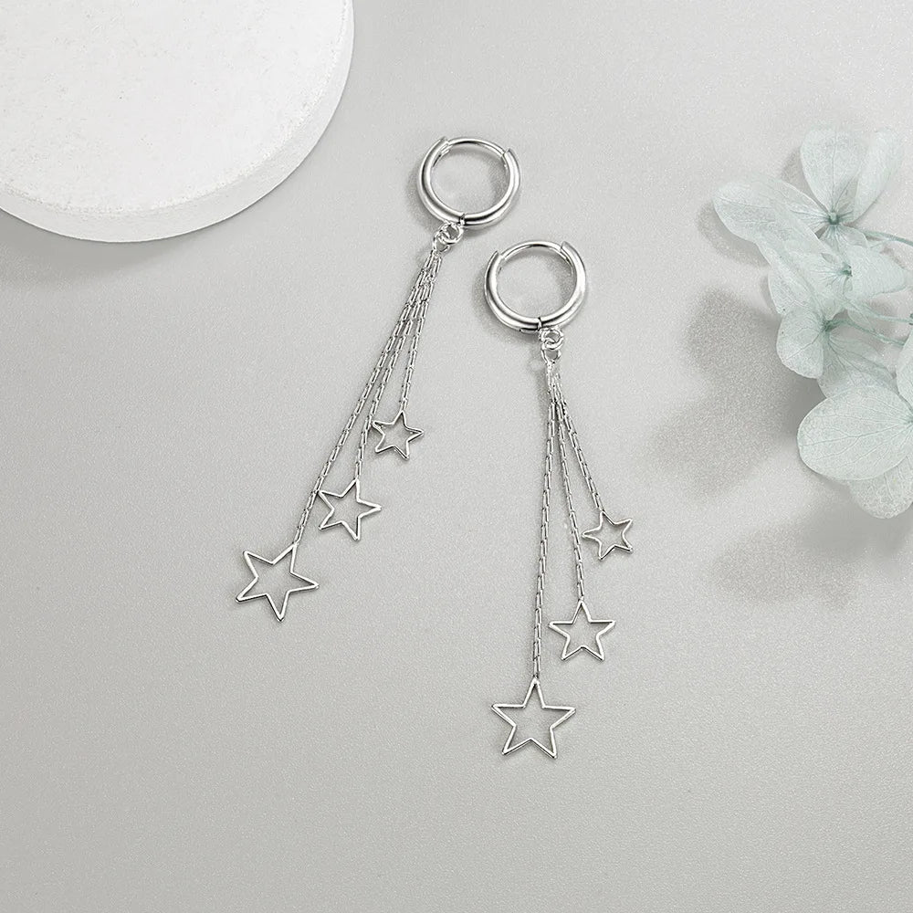 925 Sterling Silver Earrings Long Three Star Earrings