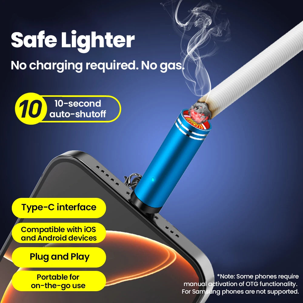 Type-C Portable Mini Mobile Phone Cigarette Lighter With keychain Outdoor Safety No Flame Air Blowing Cigarette Lighter Adapter