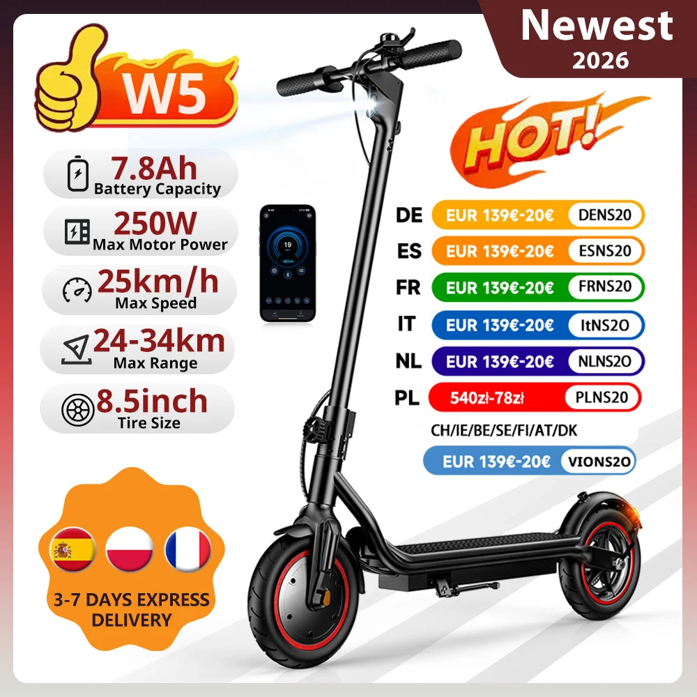 W5/W3 City Electric Scooter 8.5 Inch Tire 36V7.8Ah Max Speed 25km/h Range 24-34km Dual Brake With APP