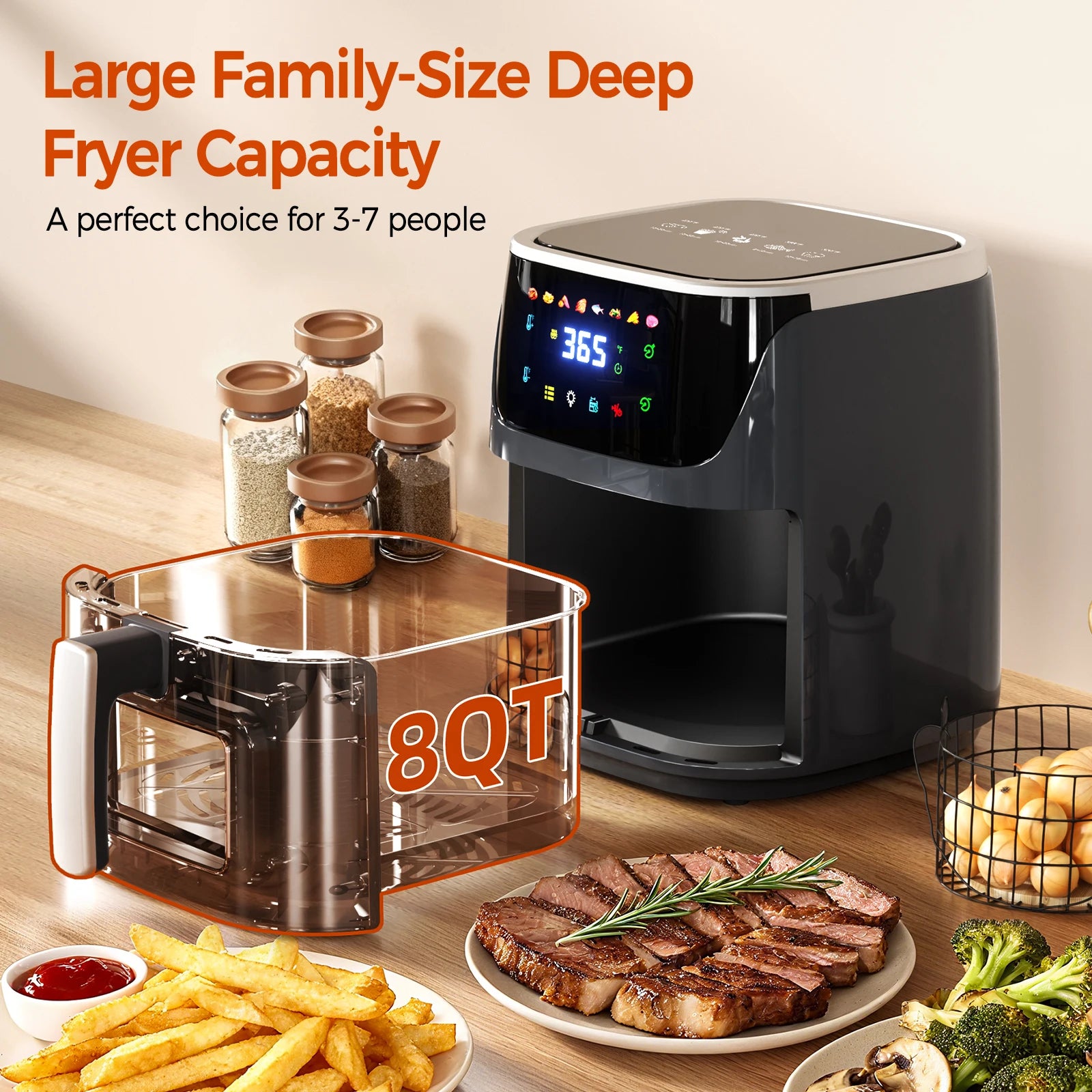 Oil-Free Air Fryer 7L 1500W Max 200 ° C Airfryer Oven with Viewing Window Led Touch Screen 8 Preset Functions + Keep Warm