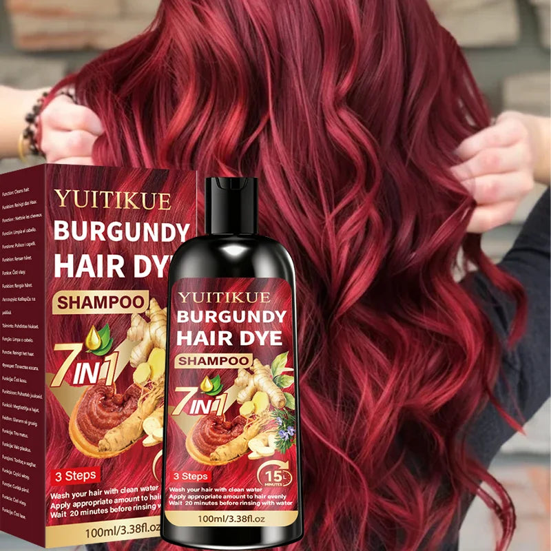 100ml YUITIKUE Burgundy Hair Color Shampoo 7 In 1 Plant Infused Cover Gray Hair Simple Home Hair Coloring Daily Use