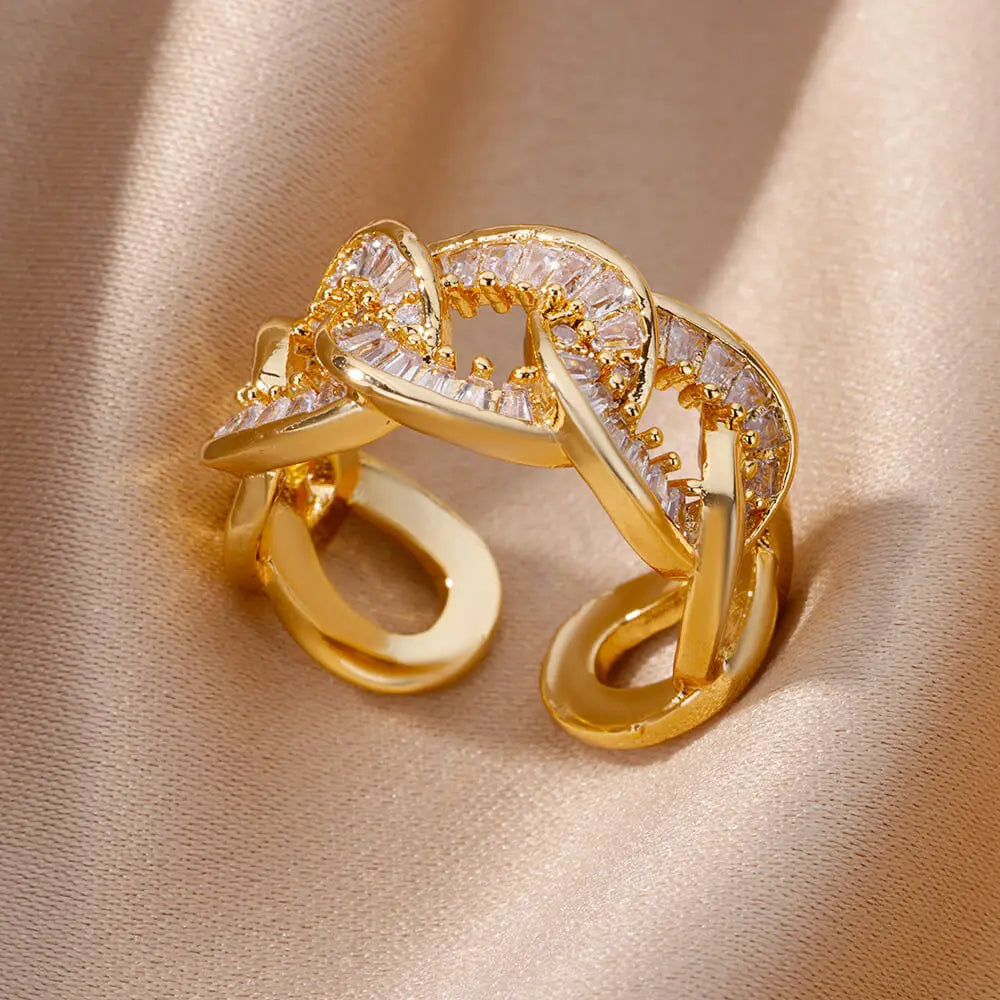 Gold Plated Stainless Steel Crystal Rings For Women Chain Geometry Zircon Finger Ring Jewelry Gift anillos mujer 2025 New Trendy