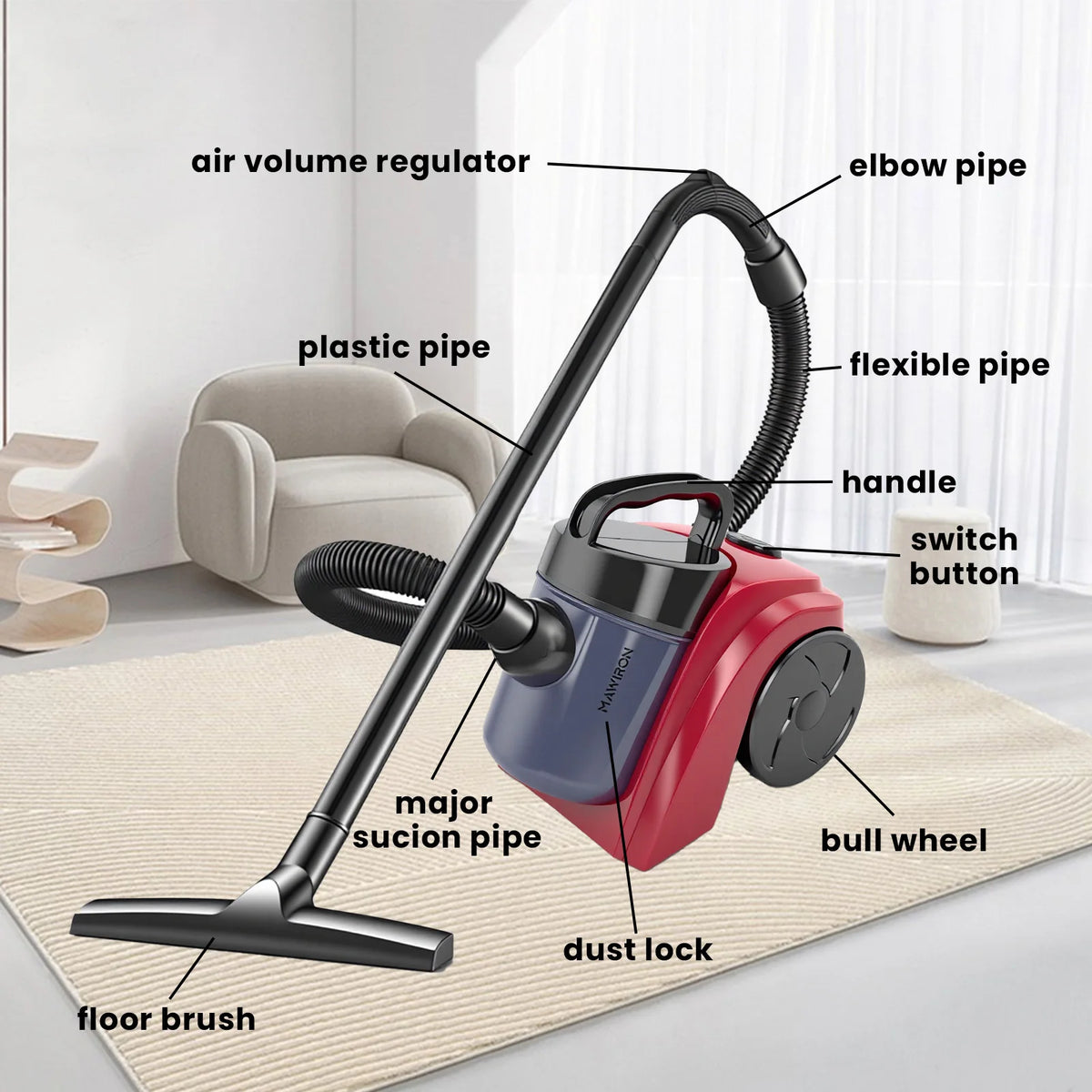 1000W Bagless Canister Vacuum Cleaner, 2L Dust Cup Multifunctional