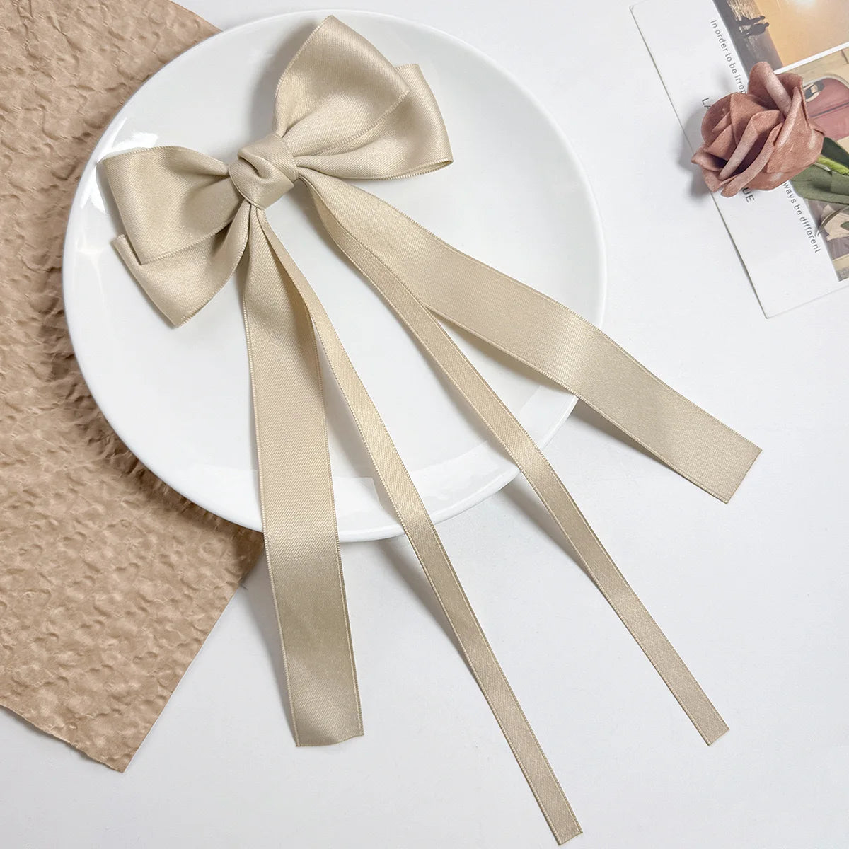 Solid Double Bowknots Hair Clips Women Long Ribbon Bow
