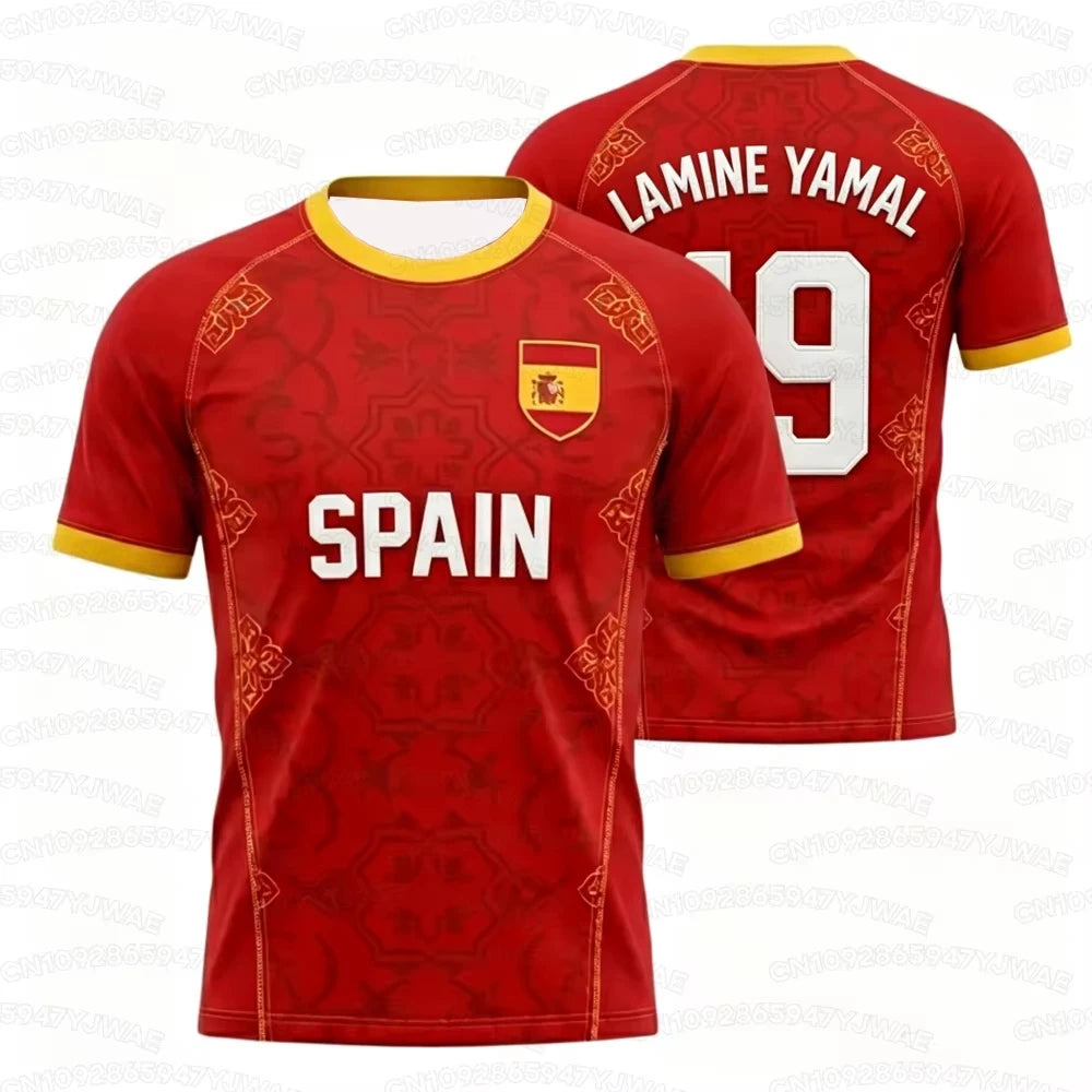 2026 Spain Flag Print Men's Women's NO.19 LAMINE YAMAL Short Sleeve 3D Print Tees Outdoor Kid Soccer Jersey Parent-child T-shirt