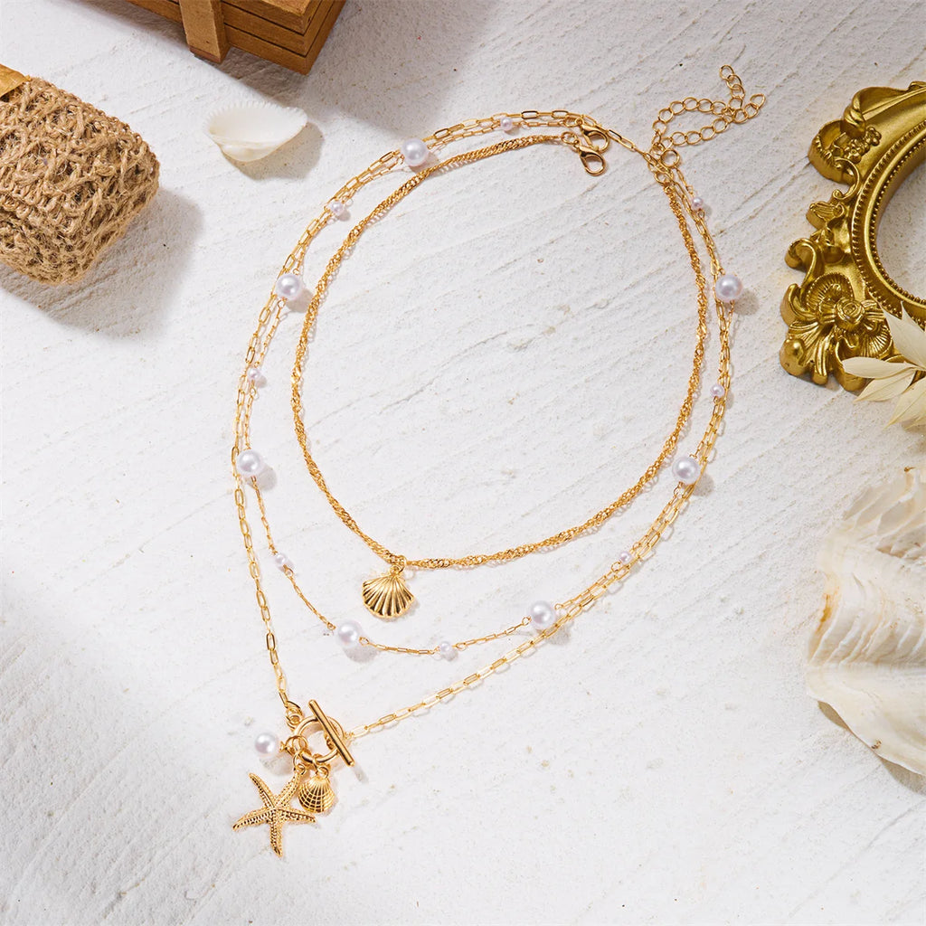 Bohemian Starfish Shell Pendant Necklace For Women Trendy Summer Beach Pearl Chain OT Buckle Choker Girls Travel Party Jewelry