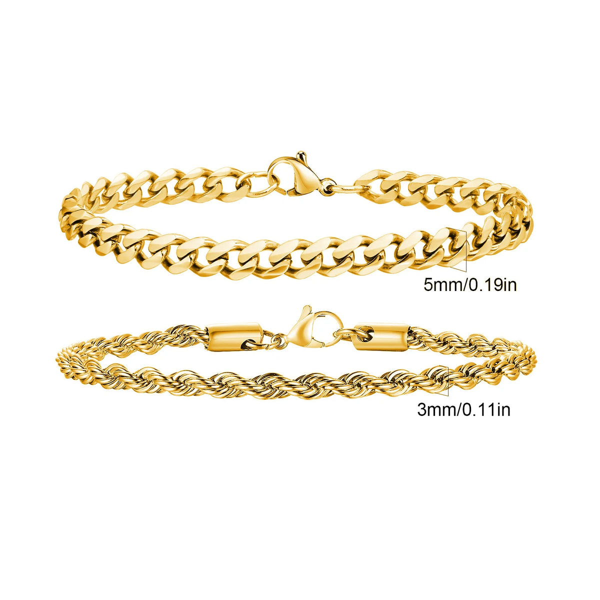 2pcs Men's Chain Bracelets,Stainless Steel Silver Gold Black Color