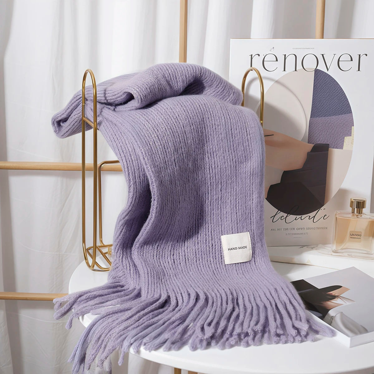 Women Solid Color Knitted Tassel Scarf