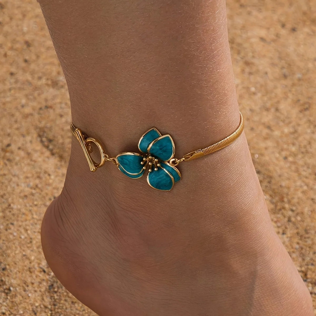 Elegant Enamel Flower OT Buckle Charm Anklets for Women White Green Cherry Blossom Anklet Leg Bracelet Summer Beach Foot Jewelry